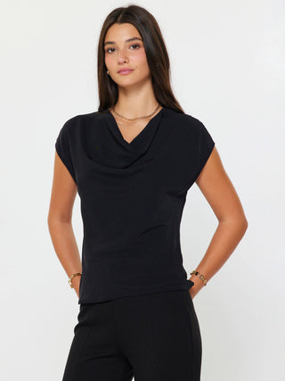 The Draped Cowl Neck Cap Sleeve Top in Black - Olive Street