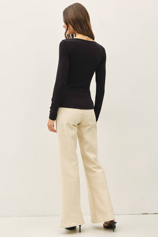 The Modal Ribbed Boat Neck Ruched Top in Black
