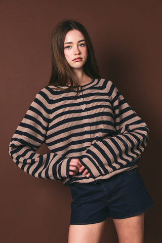 RAGLAN LONG SLEEVE CREW NECK STRIPED SWEATER CARDIGAN: NAVY-TAUPE STRIPE / L - Olive Street