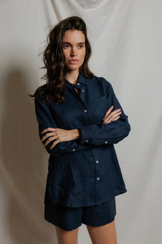 The Lorelai Linen Button Down in Navy - Olive Street