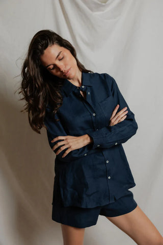 The Lorelai Linen Button Down in Navy - Olive Street