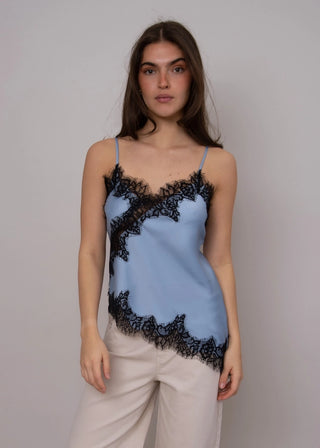 The Reila Satin Lace Asymmetrical Tank in Blue