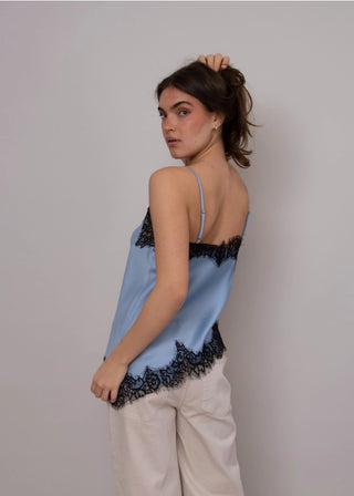 The Reila Satin Lace Asymmetrical Tank in Blue